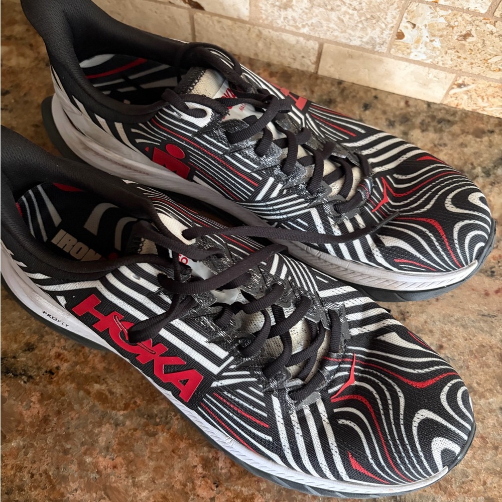 Men’s Hoka shoes, black red white size 11 slightly worn great condition